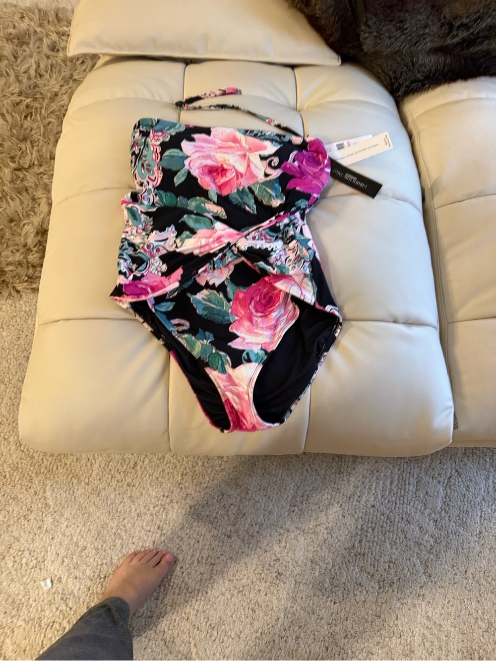 Carmen Marc Valvo Black One-Piece with Pink Floral Print - Picture 8 of 8